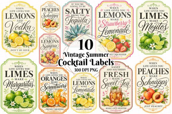 Download Vintage Summer Cocktail Labels Bundle - Summer Collection