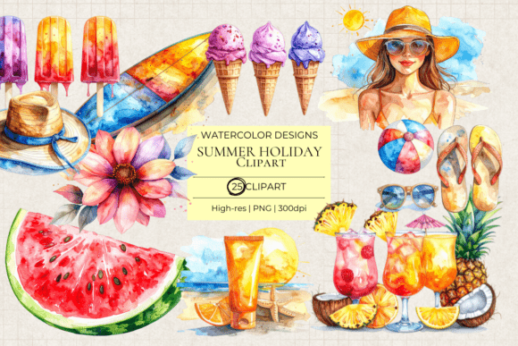 Download Summer Holiday Watercolor Clipart Pack - Summer Collection