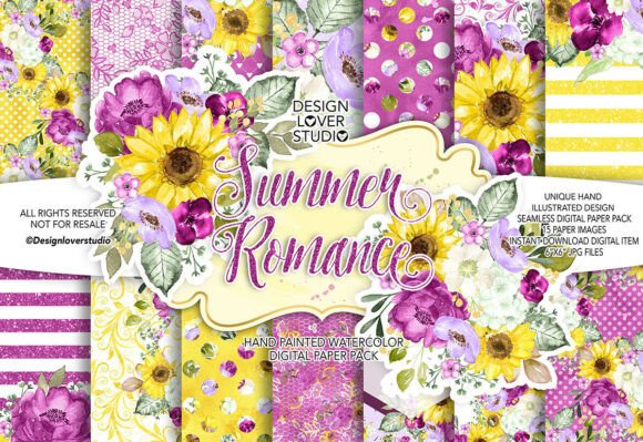 Download Watercolor SUMMER ROMANCE Digital Papers - Summer Collection