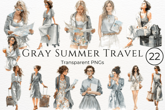 Download Gray Summer Travel Watercolor Clipart - Summer Collection