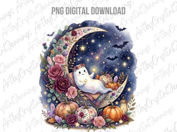 Download Boho Floral Ghost Moon Watercolor PNG - Premium Resources
