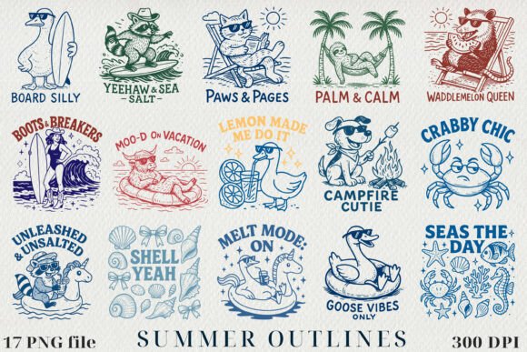 Download Vintage Summer Line Art Clipart, BUNDLE - Summer Collection